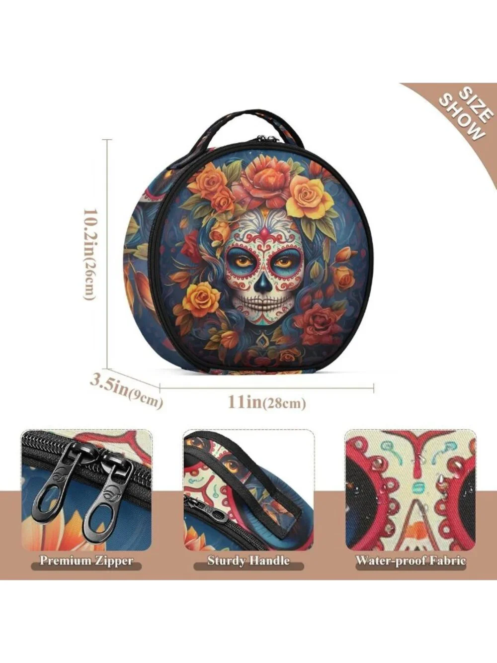 Dia de Muertos Sugar Skull Makeup Case - Portable Travel Artist Storage Bag